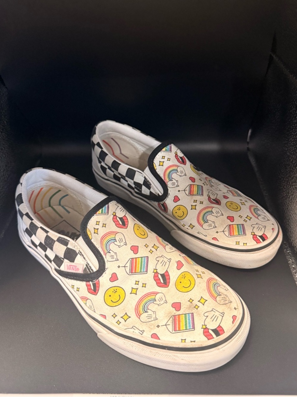 Vans Slip-On Sneakers — Rainbow Icons with Black & White Checkerboard.  Size 7